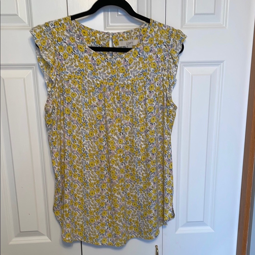 LOFT Yellow Ruffled Blouse with Floral Print